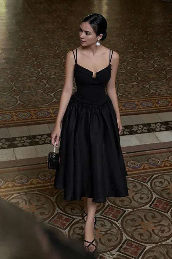 TingPo Wholesale Elegant Modest A Line Spaghetti Straps Sleeveless Black Satin Prom Dresses Evening Dress